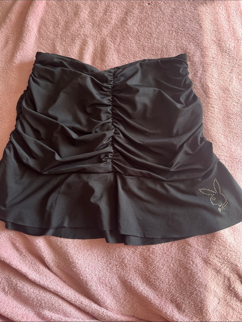 PLAYBOY Black Ruched Mini Skirt with Rhinestone Bunny
